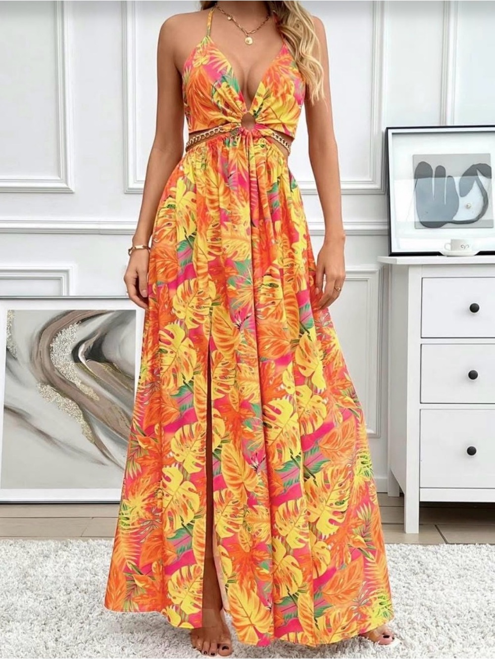 Never Worn!  Tropical Orange Halter Maxi Dress with Cutout